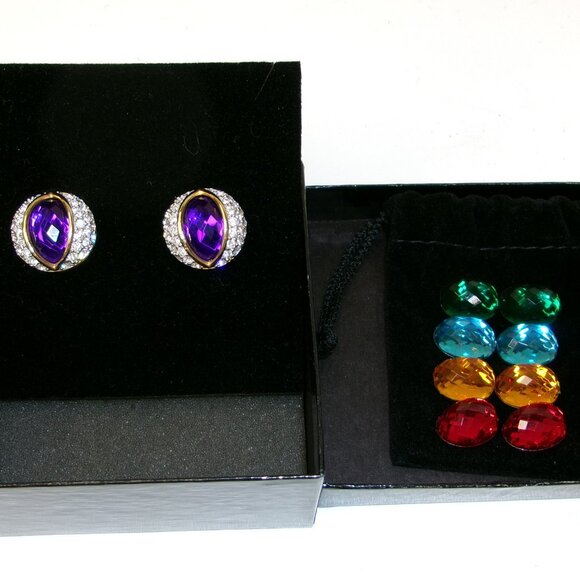 Joan Rivers Snake Eyes Rhinestone Clip Earrings Interchangeable Colors‎ w/ Box - Picture 1 of 4